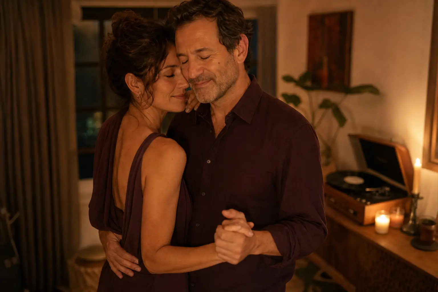 Couple dancing together in warm evening light at home, celebrating their anniversary