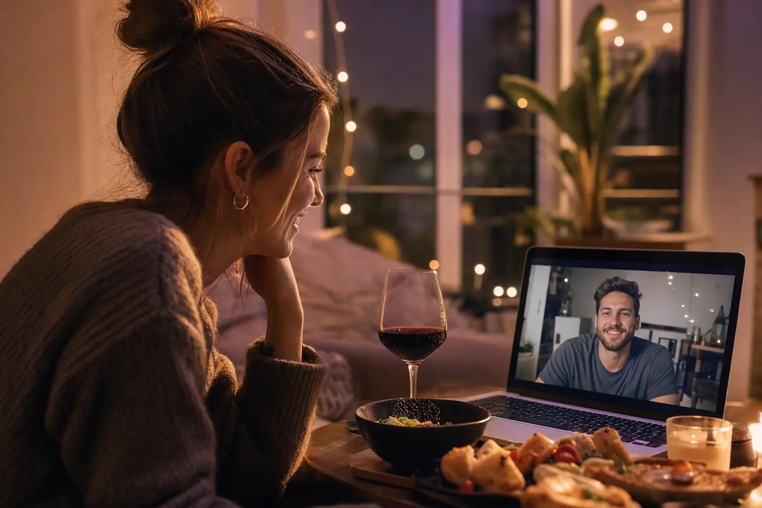 Woman smiling during a cozy video call date, with fairy lights and a shared meal set up by the laptop