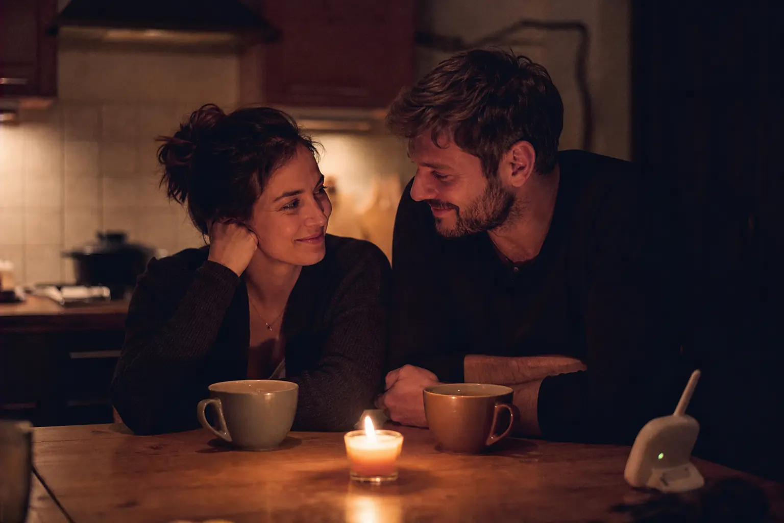 Parents sharing a quiet late-evening moment together at the kitchen table after the kids are asleep