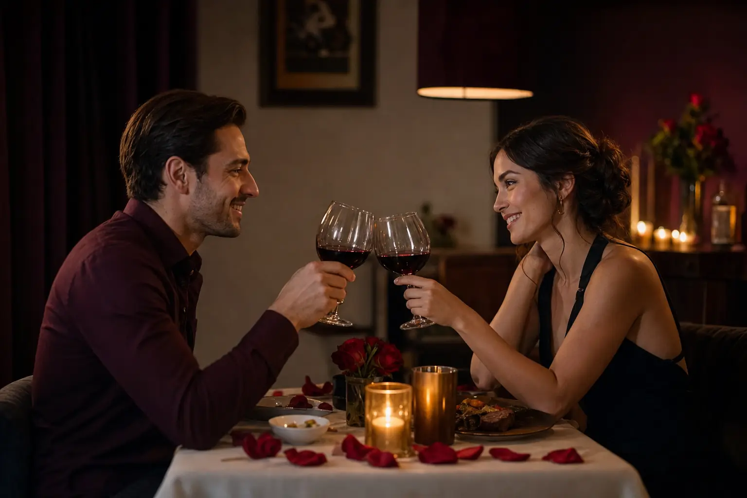 Couple toasting with wine at a candlelit dinner at home on Valentine's Day, rose petals on the table