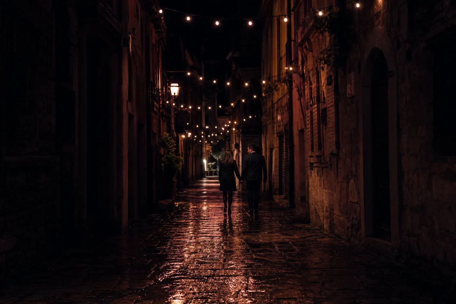 Couple walking together along a softly lit path at dusk