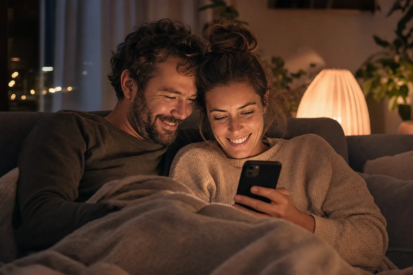 Couple cuddled on the sofa smiling at a phone together