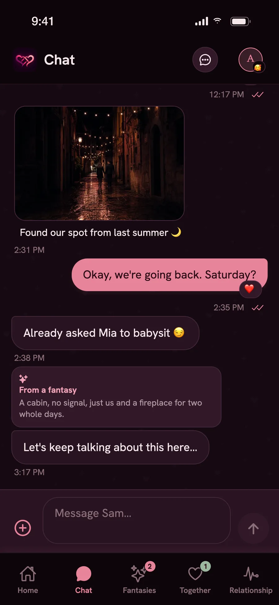 Parfect private chat with a shared photo, reactions, and a fantasy moved into the conversation